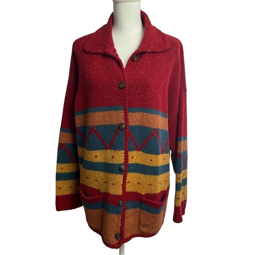 Valerie Stevens Sport Women Button Cardigan Sweater Large Aztec Shetland Wool